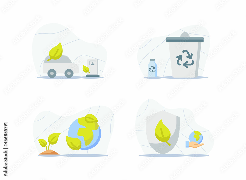 Naklejka premium ecology icons set collection package white isolated background with modern cartoon flat style