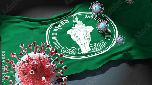 Covid in Bangkok - coronavirus attacking a city flag of Bangkok as a symbol of a fight and struggle with the virus pandemic in this city  3d illustration