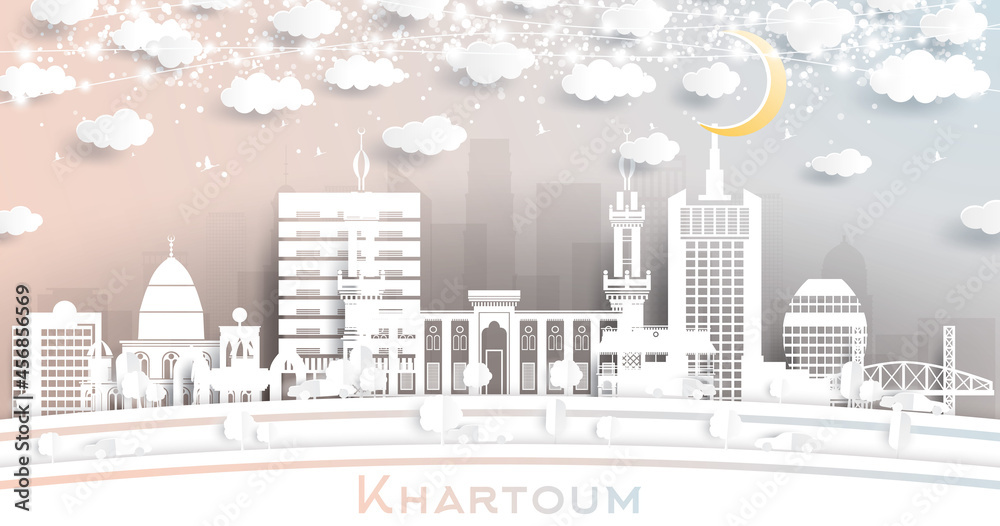 Khartoum Sudan City Skyline in Paper Cut Style with White Buildings, Moon and Neon Garland.
