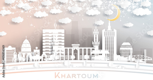 Khartoum Sudan City Skyline in Paper Cut Style with White Buildings  Moon and Neon Garland.