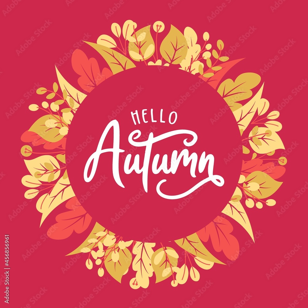 Fototapeta premium Autumn Sale Promo Banner with Fall Foliage on Pink Background. Seasonal Shop Discount Offer with Red and Orange Leaves of Maple, Sale, Price Off Poster or Voucher Design. Cartoon Vector Illustration