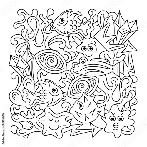 Doodle coloring book. Hand drawn Underwater background. Page for coloring fishes, algae, sea, ocean, plants, corals,