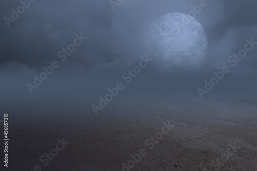 Wooden table with a full moon with dark cloudscapes on the night