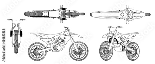 3d motorcycle model graphical from five directions with black white sketch. linear sketch.
