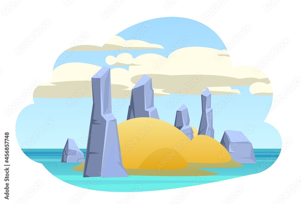 Island in the ocean. Cartoon style. Blue calm sea. Flat design illustration. Rocks and cliffs. Isolated on white background. Vector.