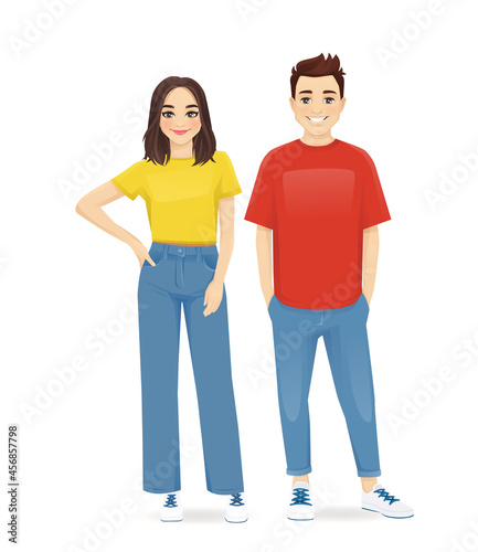 Young people in casual clothes. Smiling couple man and woman isolated vector illustartion