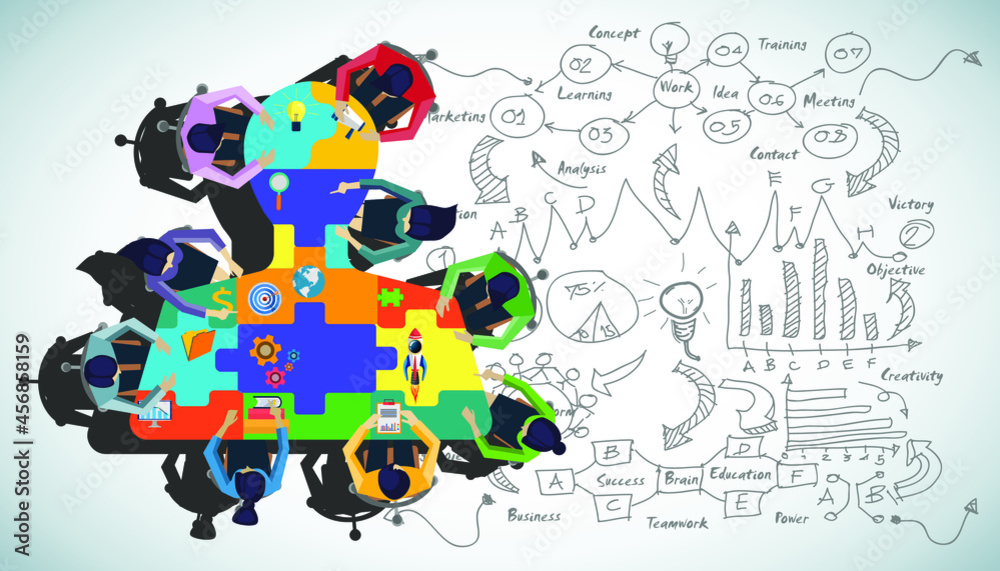 Obraz premium Businessman and woman brainstorm success with jigsaw human head, plan,think,search,analyze,communicate, futuristic idea innovation technology modern.vector