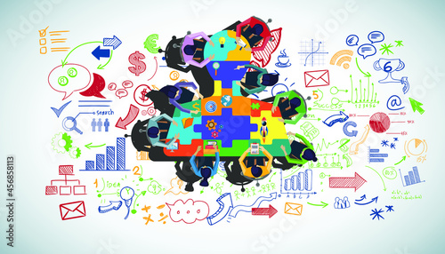 Businessman and woman brainstorm success with  jigsaw human head,  plan,think,search,analyze,communicate, futuristic idea innovation technology modern.vector