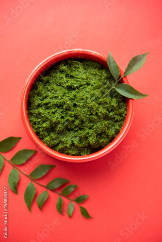 curry leaves or kadi patta chutney in a bowl photo