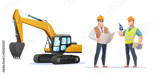 Construction foreman and engineer character with excavator illustration