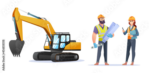 Male and female construction engineer characters with excavator illustration