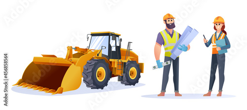 Male and female construction engineer characters with wheel loader illustration