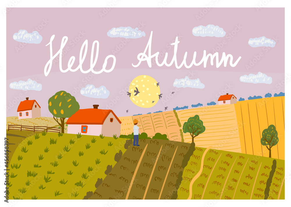 Hello Autumn Rural landscape fields farm on the hill, horizon. Fall seasone, countryside panorama view. Vector illustration hand drawn isolated