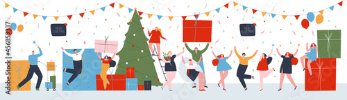 The Big Christmas Party. Lots of guests, presents and a big Christmas tree. Flat vector illustration. © eto100ya