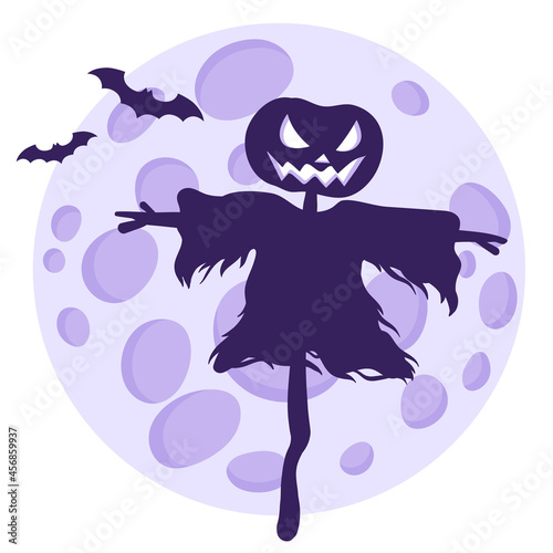 Silhouette of a Halloween scarecrow on a background of a full moon and bats.