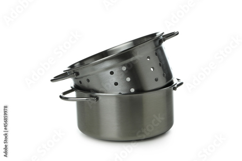 Fotografija Metal pot with colander isolated on white background
