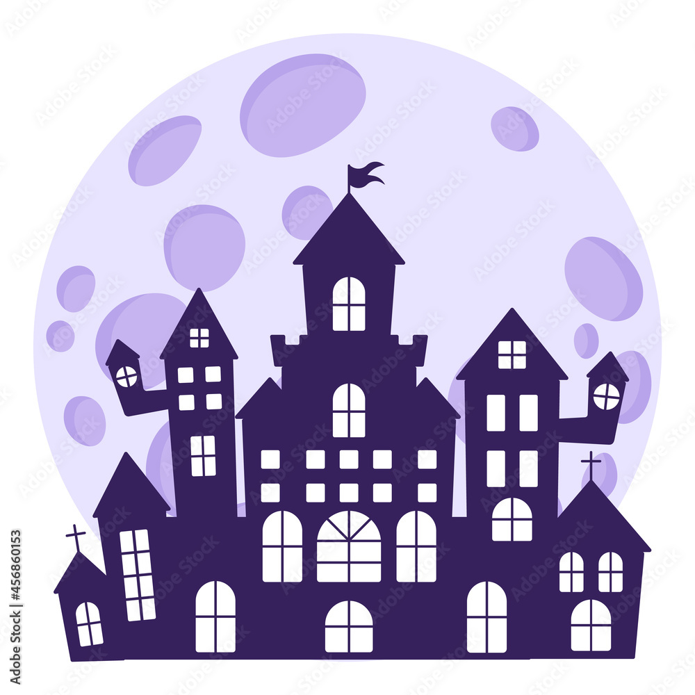 Halloween silhouettes of a medieval haunted castle on the background of a full moon.