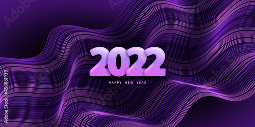 Happy new year 2022. Festive wavy background with 3D numbers. Violet backdrop. Poster with pink flow lines. Vector illustration warped stripes. Holiday banner. Design flyer, wallpaper. Stock.