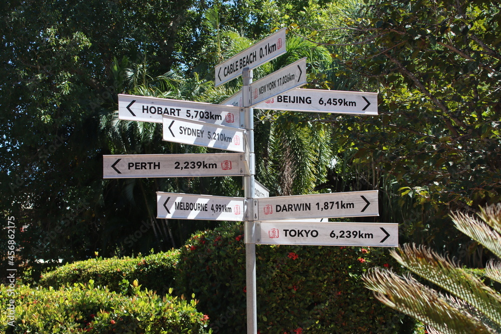 Directional sign at the Cable Beach resort, Broome, Western Australia.