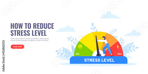 Reduce stress level flat style design concept vector illustration. Emotion overload, burnout and fatigue from work. Stress level meter gauge emotion stages. Person pushes arrow from maximum to minimum
