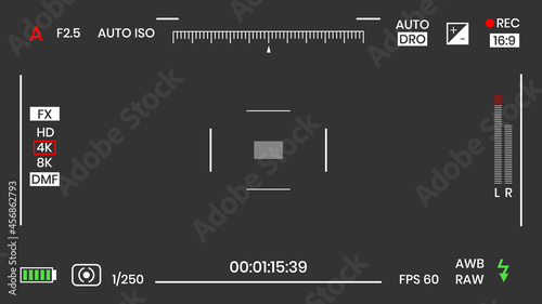 Camera viewfinder video or photo frame recorder flat style design vector illustration. Digital camera viewfinder with exposure settings and focusing grid template.