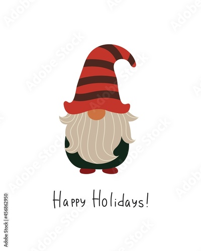 Happy holidays. Cartoon gnomes, hand drawing lettering. holiday theme. Colorful vector illustration, flat style. design for greeting cards, print, poster