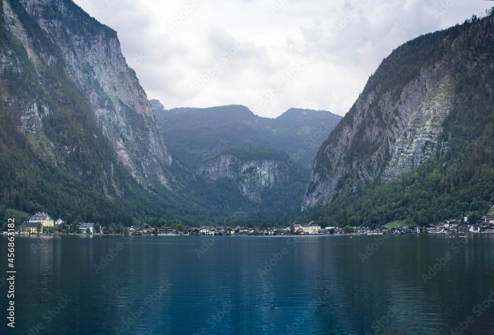 View of Hallstatt village and Hallstatter See mountain lake in Austria, Salzkammergut View of Hallstatt village and Hallstatter See mountain lake in Austria, Salzkammergut