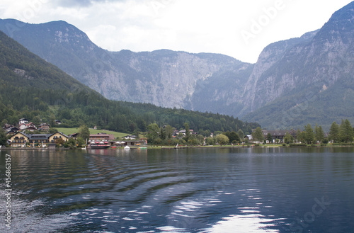 Obertraun view between the mountains with Hallstatter See, sparkling water, Salzkammergut, Upper Austria