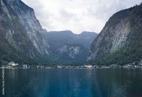 View of Hallstatt village and Hallstatter See mountain lake in Austria, Salzkammergut