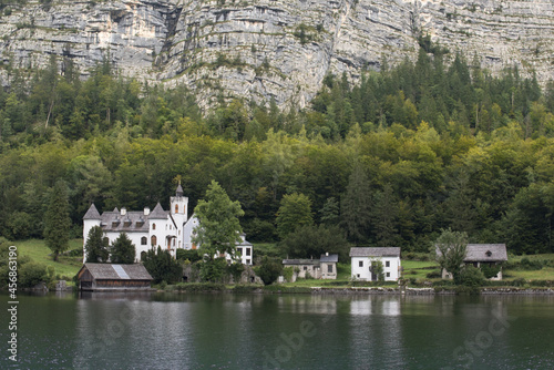 View of Hallstatt village and Hallstatter See mountain lake in Austria, Salzkammergut photo