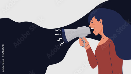 Shouting woman. Speaker lady. Abstract female character screaming into megaphone. Social ad banner with place for text. Communication, empowerment, rights, the struggle of strong women. Vector banner