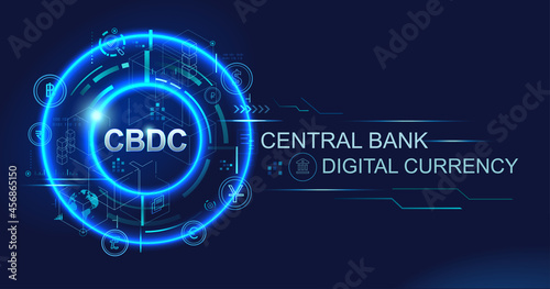 CBDC Central Bank Digital Currency banner logo for business technology, financial, blockchain, exchange, money and digital asset. Futuristic vector landing page concept background.