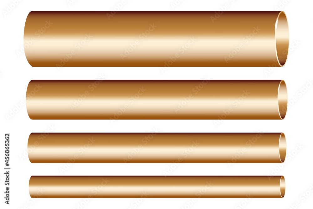 Fototapeta premium Bronze pipes set of different diameters. Stainless steel. Water supply. Design template. Vector illustration. Stock image.
