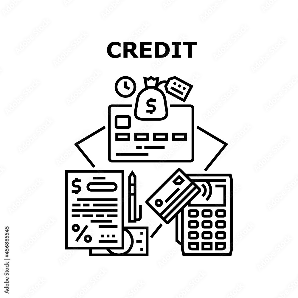Credit Money Vector Icon Concept. Credit Money Bank Agreement And Plastic Card With Contactless Pay Pass Technology For Payment Pos Terminal. Financial Accounting And Wealth Black Illustration