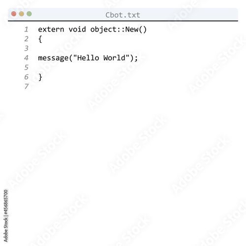 Cbot language Hello World program sample in editor window photo