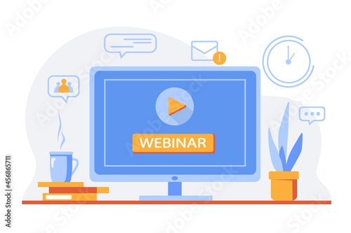Online video webinar, virtual lecture, online training, training concept with computer screen. Digital seminar, e-learning web meeting illustration, play button. Online webinar design. Vector