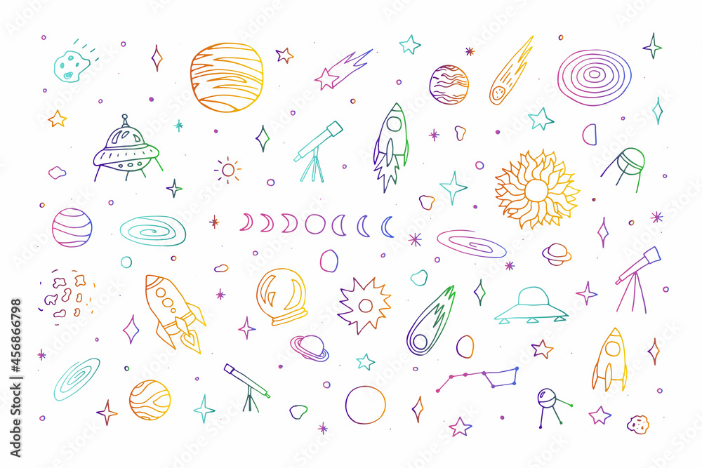Space doodle set. Planet, rockets, stars, comets, ufo, asteroid, moon ...