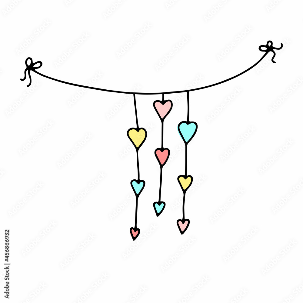 Doodle Valentines Day thread Garland. Hand-drawn festoon isolated on white background. Color festive decoration with hearts, ribbons, bows. Vector love illustration for a holiday, birthday, wedding Doodle Valentines Day thread Garland. Hand-drawn festoon isolated on white background. Color festive decoration with hearts, ribbons, bows. Vector love illustration for a holiday, birthday, wedding