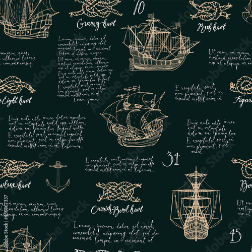 Vintage seamless pattern with hand-drawn sailboats, various sea knots, anchors and handwritten text Lorem ipsum on a black backdrop. Vector background on the theme of sea travels and adventures.