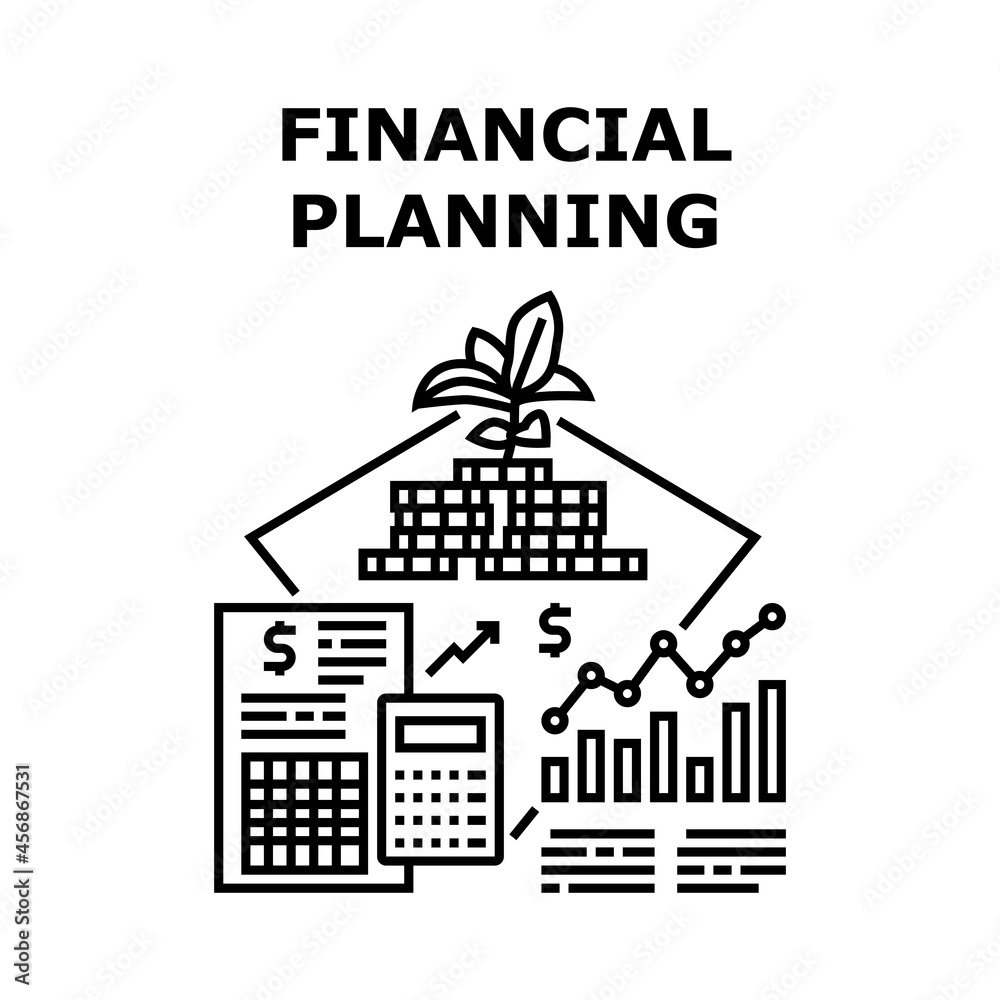 Financial Planning Vector Icon Concept. Investor And Company Financial Planning And Strategy For Increase Profit And Wealth. Account Manager Calculating Money Income Black Illustration