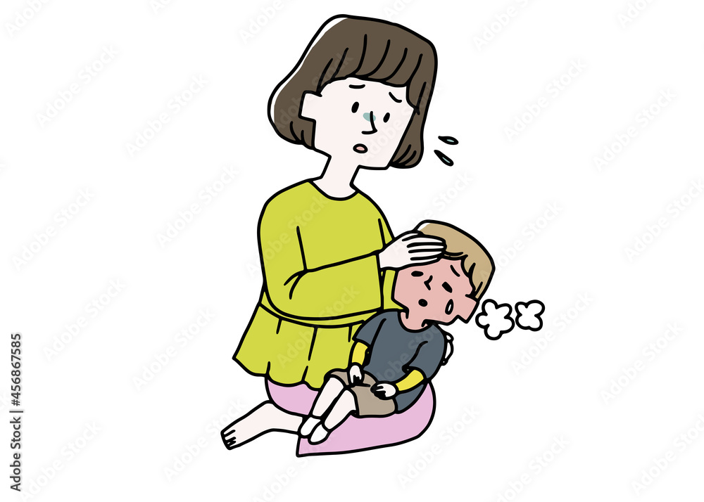 熱を出した子供のおでこに手を当てるママ 熱を出した子供のおでこに手を当てるママ