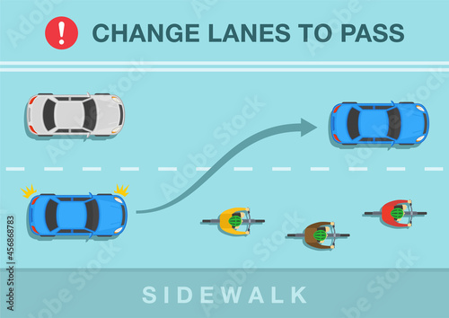 Driver overtaking cyclists on city road. Top view of cycling bike riders. Change lanes to pass for safety ride. Flat vector illustration template.
