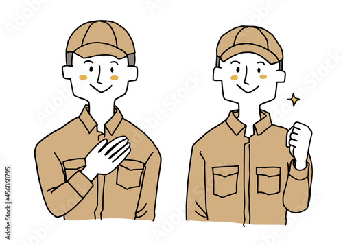 作業着を着て帽子をかぶっている男性