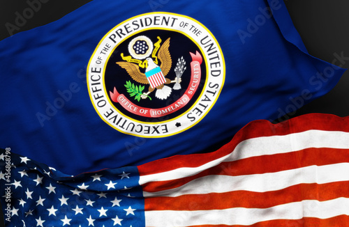 Flag of the United States Office of Homeland Security along with a flag of the United States of America as a symbol of unity between them, 3d illustration