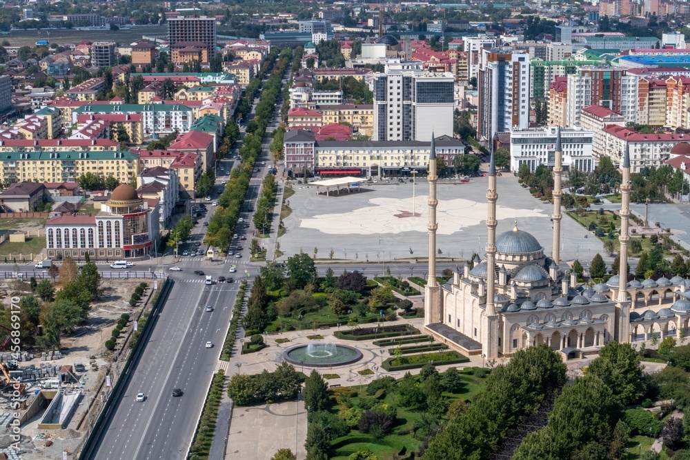 Russia. The Chechen Republic. Panoramic view of the city of Grozny and the heart of Chechnya mosque from the roof of the Grozny City skyscraper. Summer, a sunny day. S