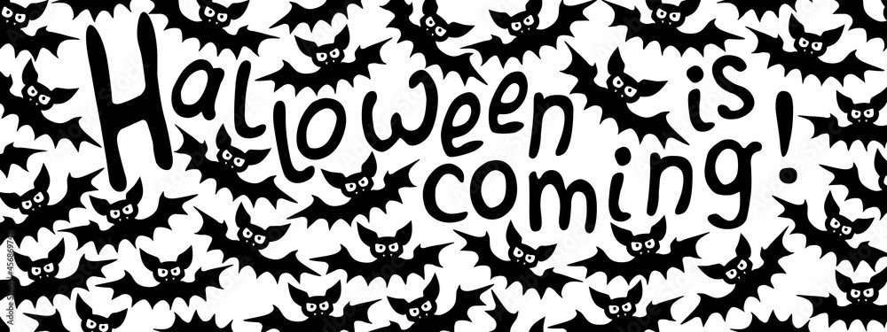 Vector banner with vampire bats and Halloween is coming lettering. Border, frame, decor for greeting card, invitation, party poster in flat style