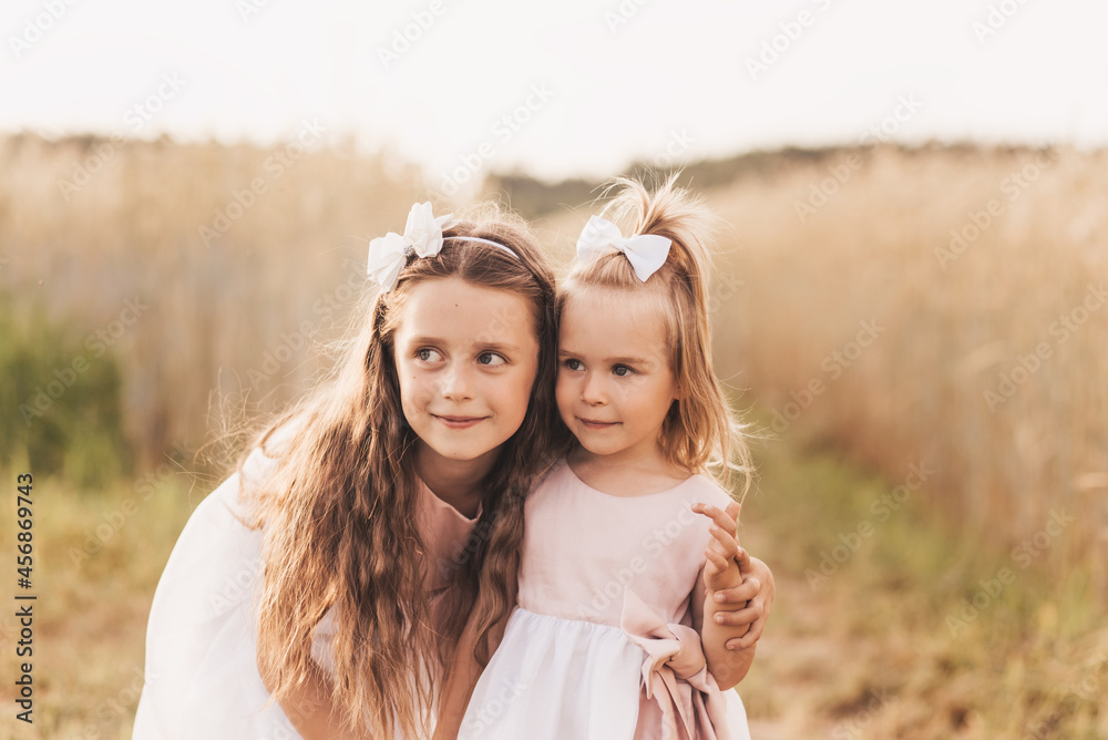 Two cute little girls in dresses hugging in nature in the summer Two cute little girls in dresses hugging in nature in the summer