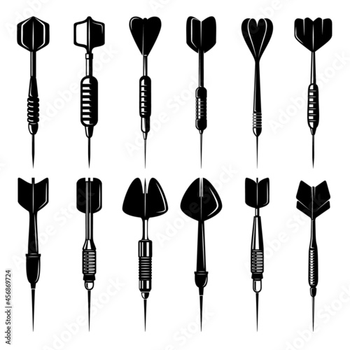 Set of illustrations of darts in vintage monochrome style. Design element for logo, label, sign, emblem, poster. Vector illustration