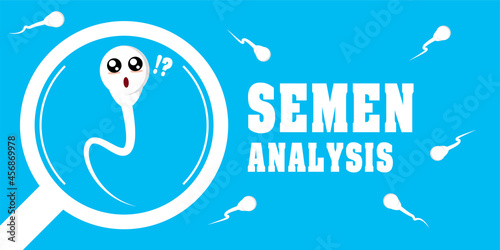 magnifying glass with cute sperms on blue background. semen analysis illustration vector