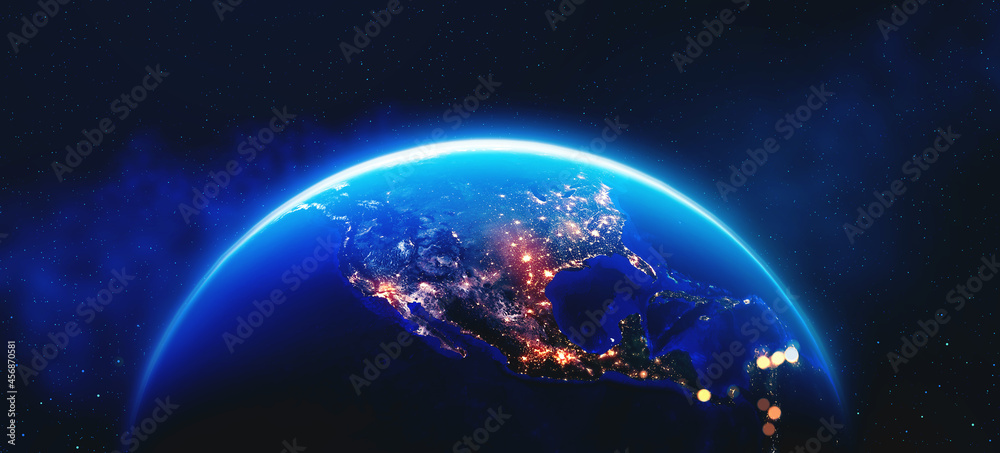 Obraz premium View from space. Art concept. Earth orbit. North America and night lights of cities. Planet in space 3d illustration. Elements of this image are furnished by NASA